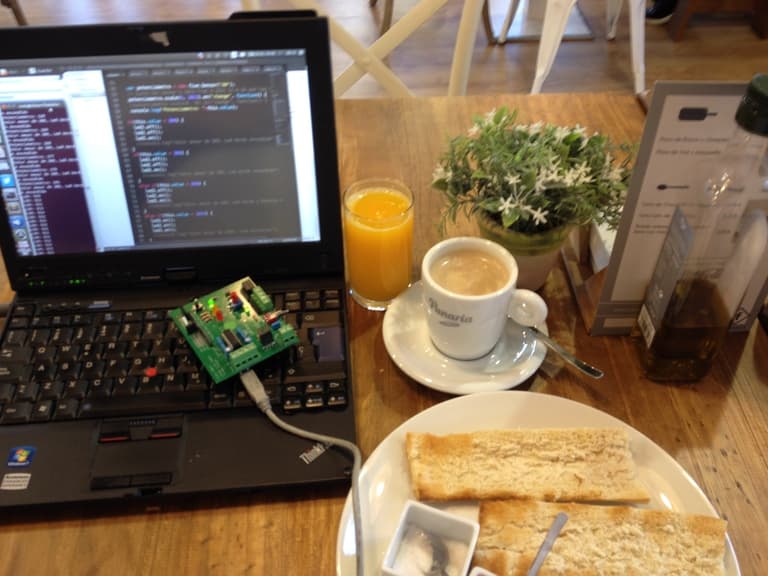 I am eating my breakfast while doing IOT Development in a Coffee Shop