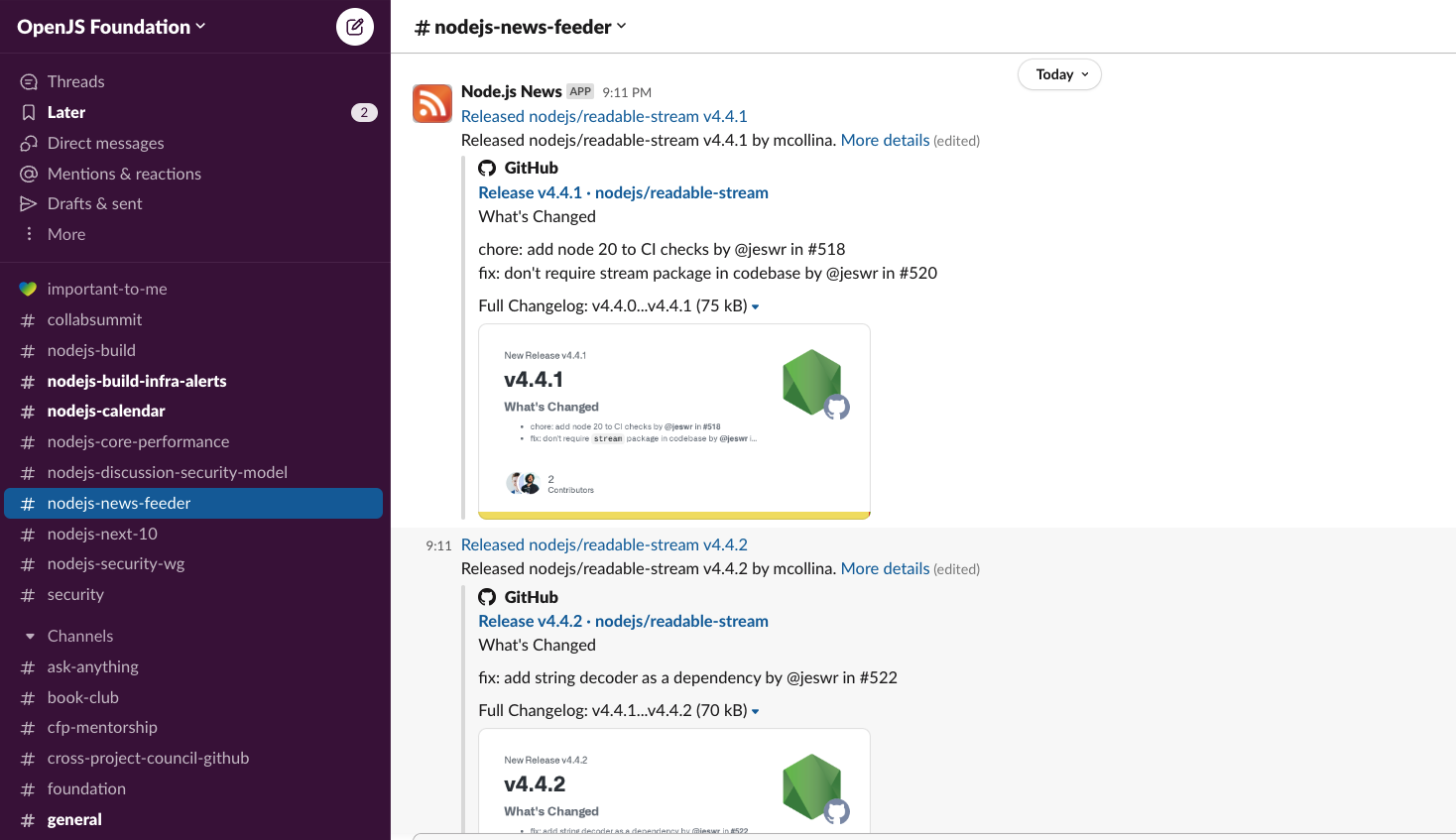 Slack Node.js News Feeder channel screenshot that is showing the feed items published in the channel including a fancy preview of the releases.