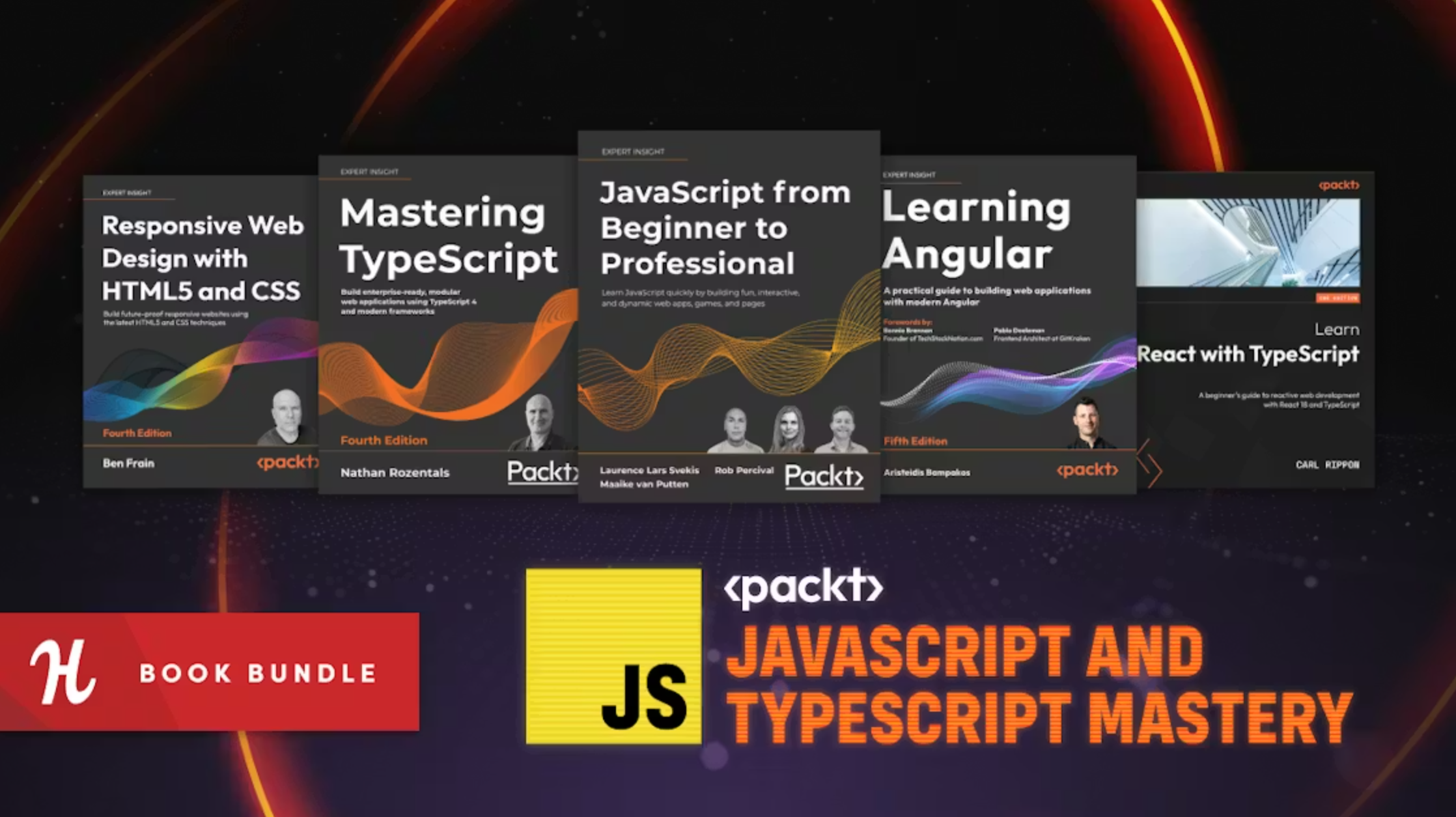 Promotional banner for the Humble Tech Book Bundle 'JavaScript and TypeScript Mastery' by Packt. The image features a lineup of book covers including 'Responsive Web Design with HTML5 and CSS', 'Mastering TypeScript', 'JavaScript from Beginner to Professional', 'Learning Angular', and 'React with TypeScript'. The Humble Bundle logo is visible on the left, and the bundle title is displayed in bold orange and white text on the right.
