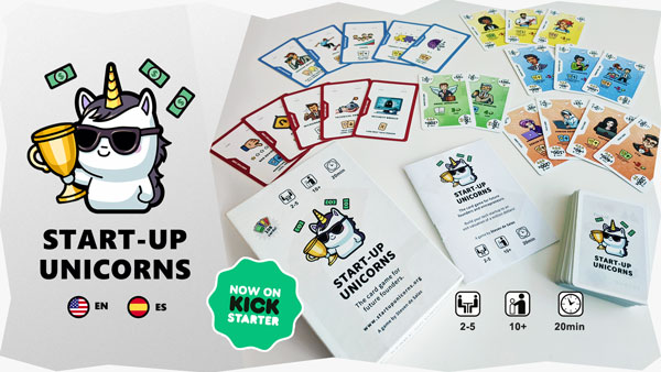 Start-Up Unicorns card game promo showing a cartoon unicorn with sunglasses holding a trophy, surrounded by cards in red, blue, green, yellow, and white sets. Includes game details: 2–5 players, ages 10+, 20 minutes playtime. Text indicates the game is available in English and Spanish and is currently on Kickstarter.
