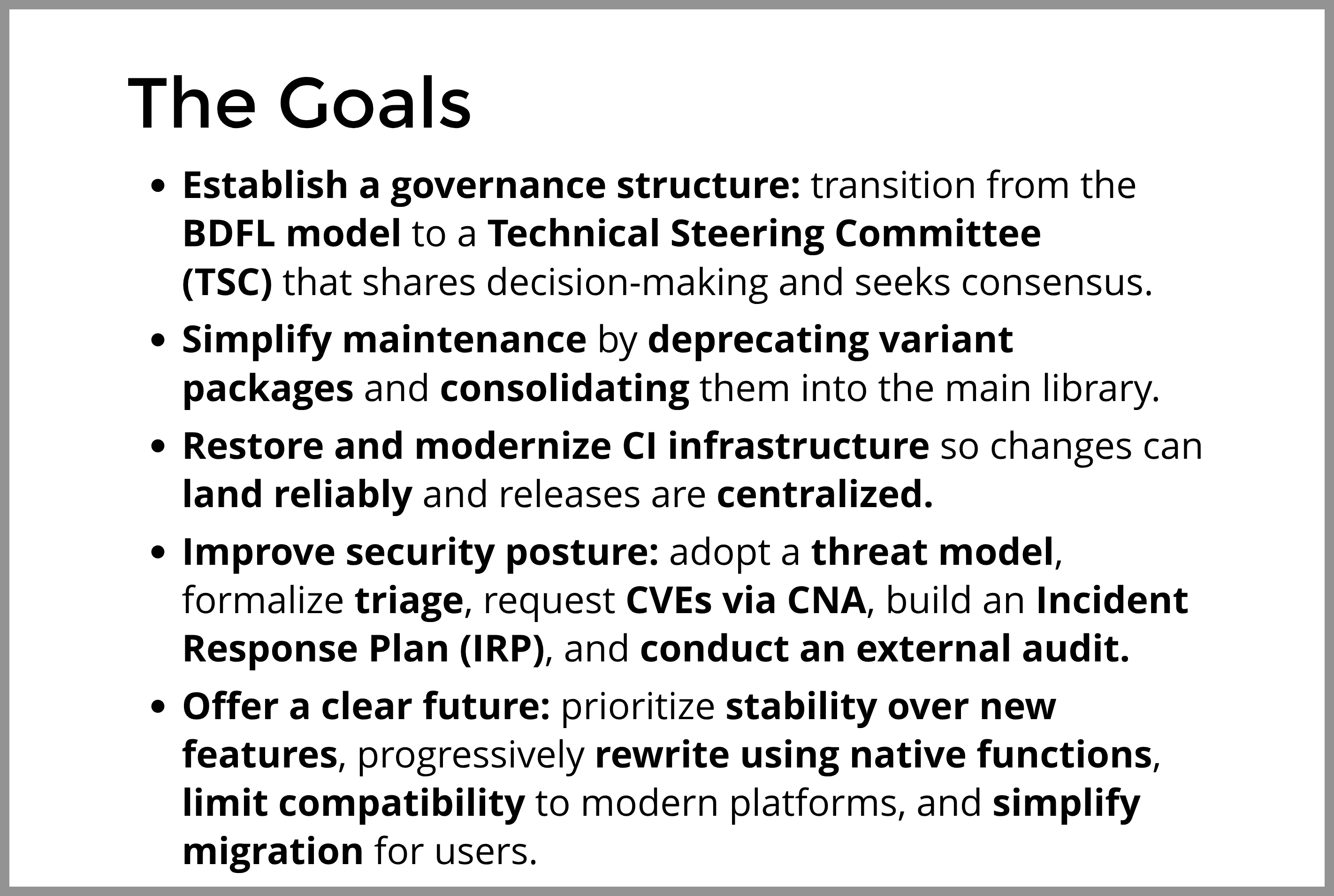 Slide titulada “The Goals” con los objetivos de Lodash: transición a TSC, consolidación de paquetes, modernización de CI, mejora de la seguridad y ofrecer un futuro claro centrado en plataformas modernas y migración sencilla.